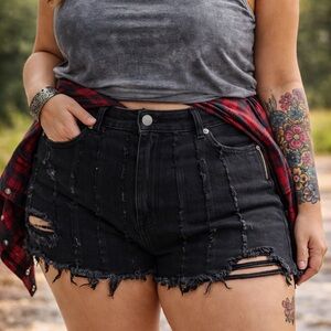 Black Denim Shorts High Rise Festival Grunge Size 14 NWT - Punk Rock, Y2K, Boho